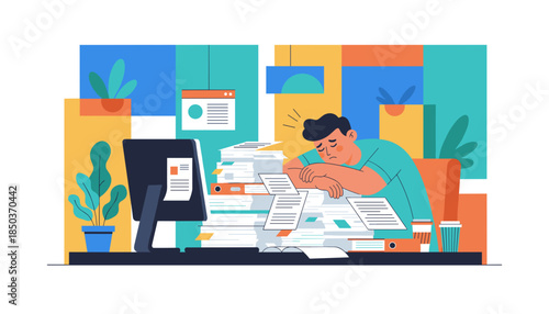 Overworked employee sleeping on a stack of documents Job stress burnout and heavy workload concept