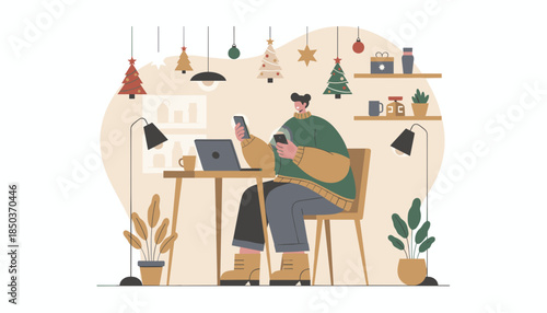 Man multitasking with smartphones and laptop in a festive home office enjoying remote work during Christmas season