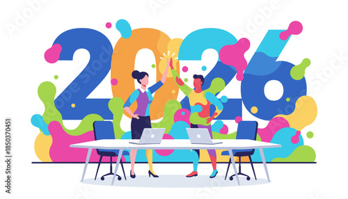 Colorful 2026 business achievement Team high five for success goals and planning