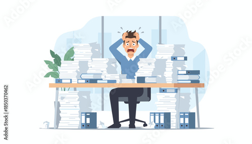 Stressed worker buried in towering stacks of paperwork and files symbolizing overwhelming job stress and deadlines