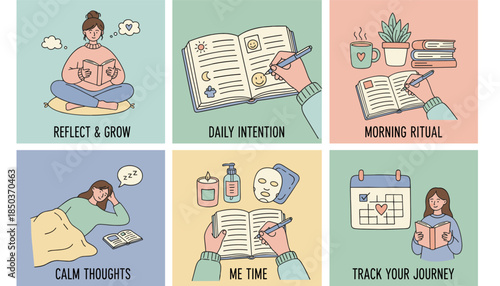 Selfcare and personal development illustration set journaling reading daily rituals and wellness routine concepts