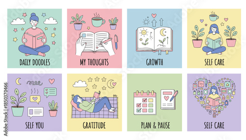 Cute pastel doodle illustrations promoting selfcare personal growth mindfulness and daily journaling habits
