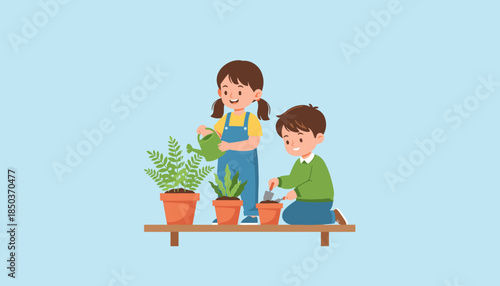 Cheerful children learning to garden watering plants and planting seedlings Education and growth