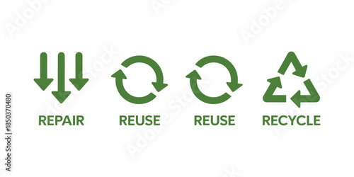 Recycle icon set of vector illustration design, eco friendly isolated symbol collection, environmental conservation silhouette, sustainable design, recycle symbol, green energy, CO2 emissions