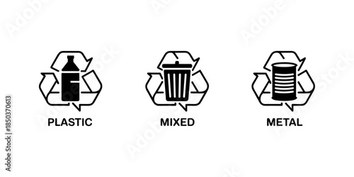 Recycle icon set of vector illustration design, eco friendly isolated symbol collection, environmental conservation silhouette, sustainable design, recycle symbol, green energy, CO2 emissions
