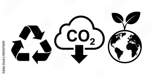 Recycle icon set of vector illustration design, eco friendly isolated symbol collection, environmental conservation silhouette, sustainable design, recycle symbol, green energy, CO2 emissions