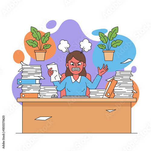 Overworked office worker stressed by piles of documents symbolizing anger pressure and burnout
