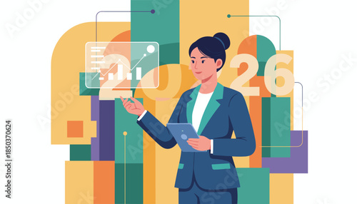 Business strategy and 2026 forecast Woman analyzing data charts for future growth planning