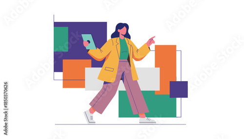 Modern businesswoman holding tablet and pointing navigating success with colorful abstract geometry