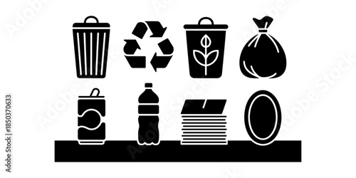 Recycle icon set of vector illustration design, eco friendly isolated symbol collection, environmental conservation silhouette, sustainable design, recycle symbol, green energy, CO2 emissions