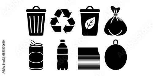 Recycle icon set of vector illustration design, eco friendly isolated symbol collection, environmental conservation silhouette, sustainable design, recycle symbol, green energy, CO2 emissions