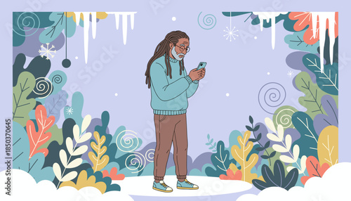 Black senior man uses phone outdoors in colorful winter wonderland illustration