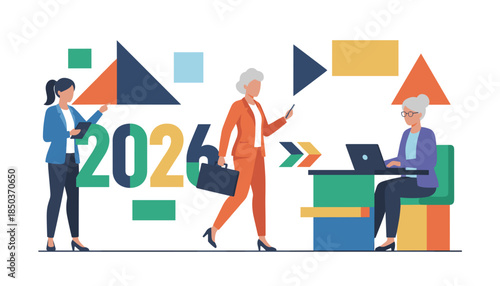 Professional women and 2026 text symbolize future business goals and planning