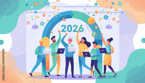 Successful business team celebrating 2026 financial goals and achievement with laptops