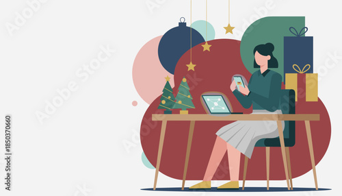 Digital Christmas work or shopping illustration Woman using tech at a festive desk
