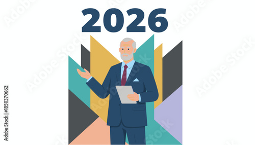Senior executive presenting 2026 financial forecast and strategy holding a tablet against a geometric backdrop