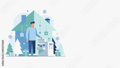 Festive winter business automation Man operates a machine surrounded by snowflakes trees and hanging gifts