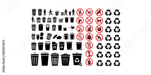 Recycle icon set of vector illustration design, eco friendly isolated symbol collection, environmental conservation silhouette, sustainable design, recycle symbol, green energy, CO2 emissions