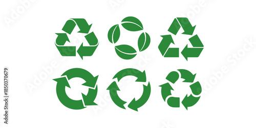 Recycle icon set of vector illustration design, eco friendly isolated symbol collection, environmental conservation silhouette, sustainable design, recycle symbol, green energy, CO2 emissions