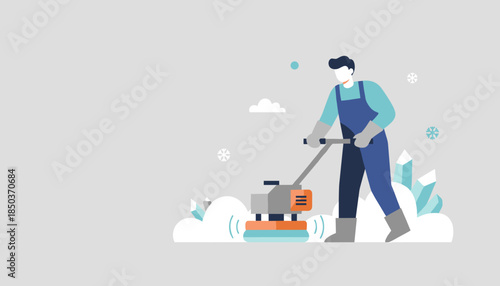 Worker using a snow removal machine to clear ice and snow on a cold winter day Illustration