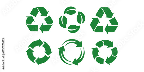 Recycle icon set of vector illustration design, eco friendly isolated symbol collection, environmental conservation silhouette, sustainable design, recycle symbol, green energy, CO2 emissions
