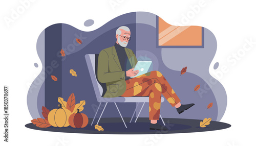 Stylish senior man uses a glowing tablet during a cozy autumn day with pumpkins and leaves