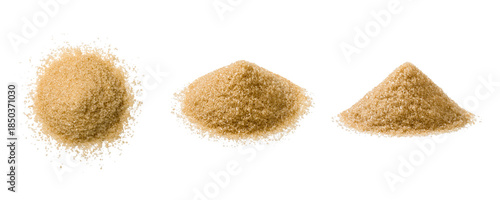 Konstfotografi Three piles of brown sugar crystals shown from different perspectives, including top view and angled views, isolated on a transparent background