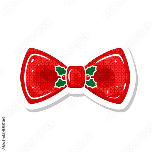 Festive Red Sequin Bow Tie with Holly Decoration.