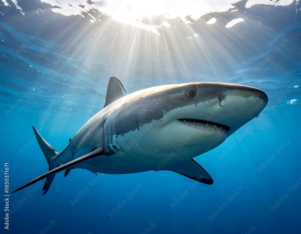 Fototapeta premium Majestic shark swims in sunlit ocean depths, showing its powerful jaws