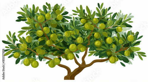 Watercolor illustration of a green olive tree isolated on white background