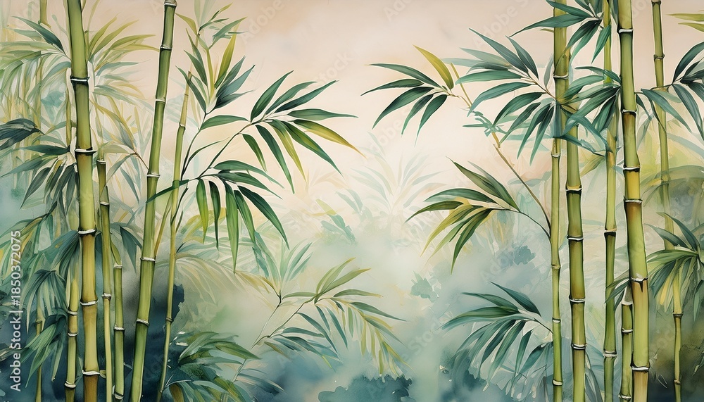 Naklejka premium tall tropical bamboo wall mural painted art watercolor art style wallpaper background