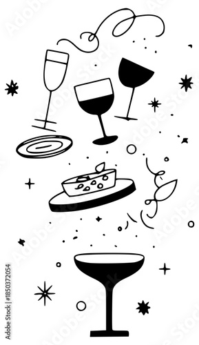 New Year celebration with champagne glasses and cake