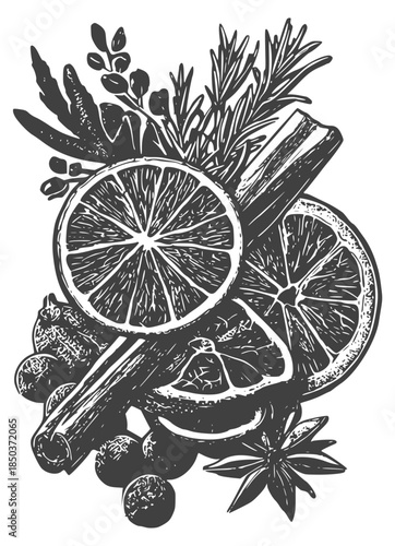 Mulled wine spices with orange, cinnamon, etc