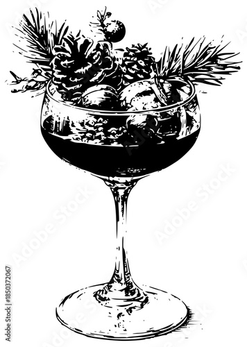 Mulled wine glass with pine branches, cones and berries