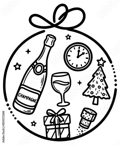 Christmas bauble with champagne, clock, tree and gift