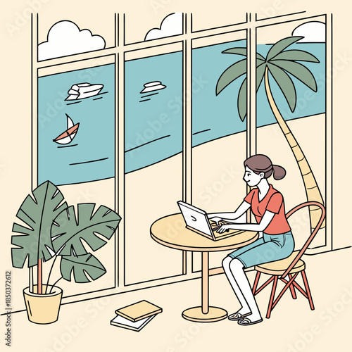 Vector illustration of a relaxing businessman sitting on a tropical beach chair under a palm tree with an umbrella by the summer sea sand and ocean landscape