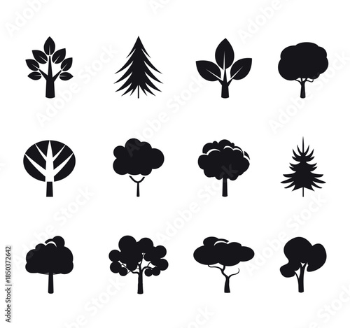 Black flat Symbol of Trees. Set outlline icons isolated..