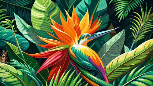 Very beautiful close-up of a vibrant bird of paradise flower surrounded by lush green foliage, highlighting exotic textures, rich colors, and dramatic tropical contrast in a natural setting.