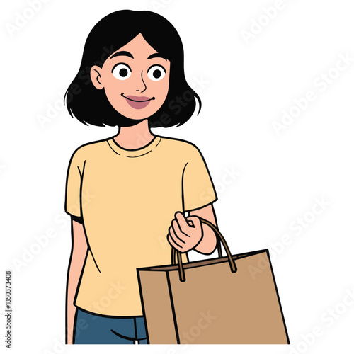 Illustration of young woman with short black hair holding a brown shopping bag