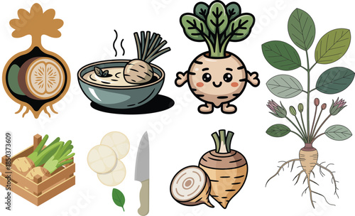 Apio criollo celery root vegetable soup slices and cute character