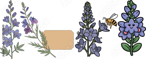 Larkspur flower blue purple blooms with bee and stems set