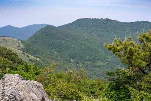 Panoramic View of Lush Green Mountain Ridges Under Clear Summer Sky