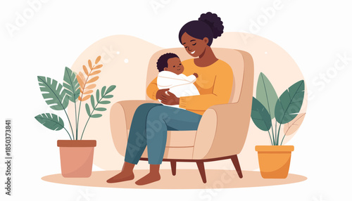 Mother breastfeeding her baby in a cozy armchair surrounded by plants.