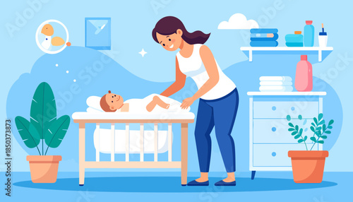 Caring mother changing baby on a changing table in a modern nursery room. Daily infant care and parenthood routine illustration.