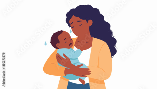 Stressed mother holding distressed baby. Parental exhaustion, postpartum depression, new parent mental health struggles.