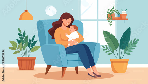 Mother breastfeeding her baby in a cozy living room with plants.