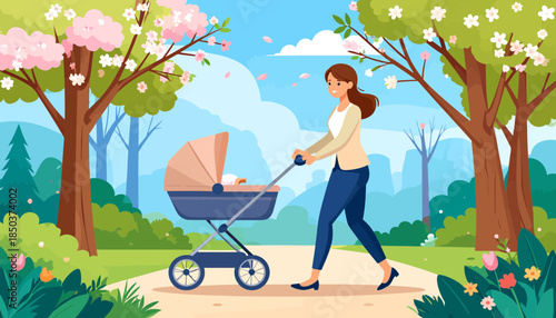 Mother pushing baby stroller through a vibrant spring park with blooming trees. Parenthood, nature walk, and family time.