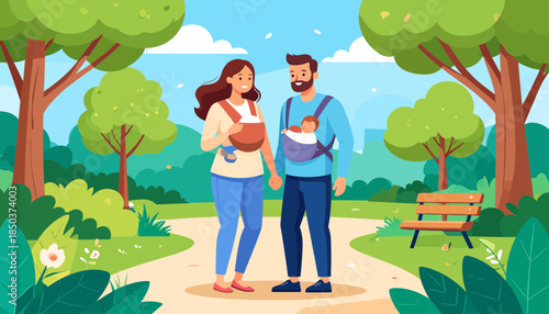 Happy parents with two babies in carriers enjoying a sunny park stroll