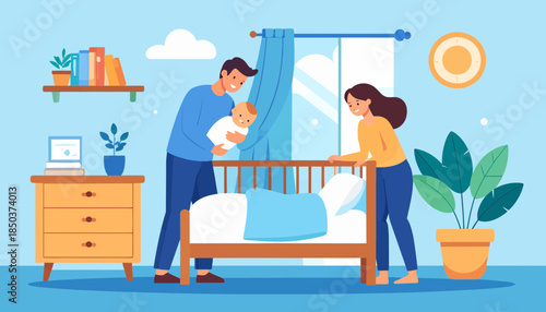 Happy Parents Putting Baby in Crib. Loving Family Moment at Home. Flat Vector Illustration of Parenthood and Childcare.