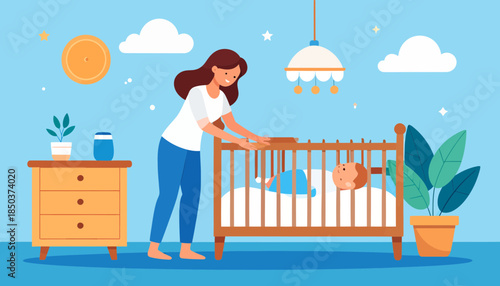 Caring Mother Tending to Sleeping Baby in Crib. Parenthood, Love, and Family Life Illustration.